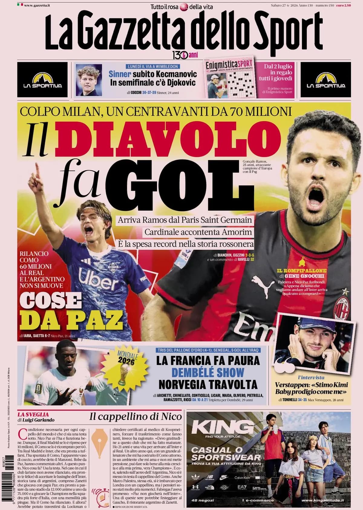 Italian Paper Headlines: Record Milan Signing, Como Beat Inter to Paz, France Frightening