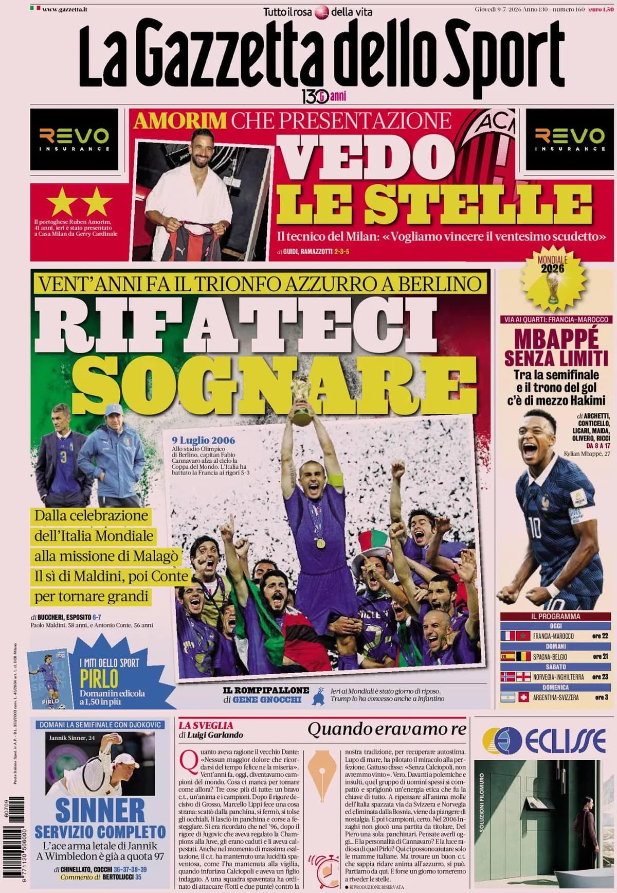 Italian Press Review: Italy's 2006 Anniversary, Milan's Amorim Era, Mbappe vs Morocco