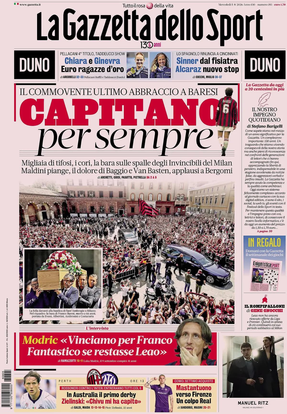 Today's Papers: Baresi funeral, Inter reserve Romero, Bournemouth 10-1 Genoa